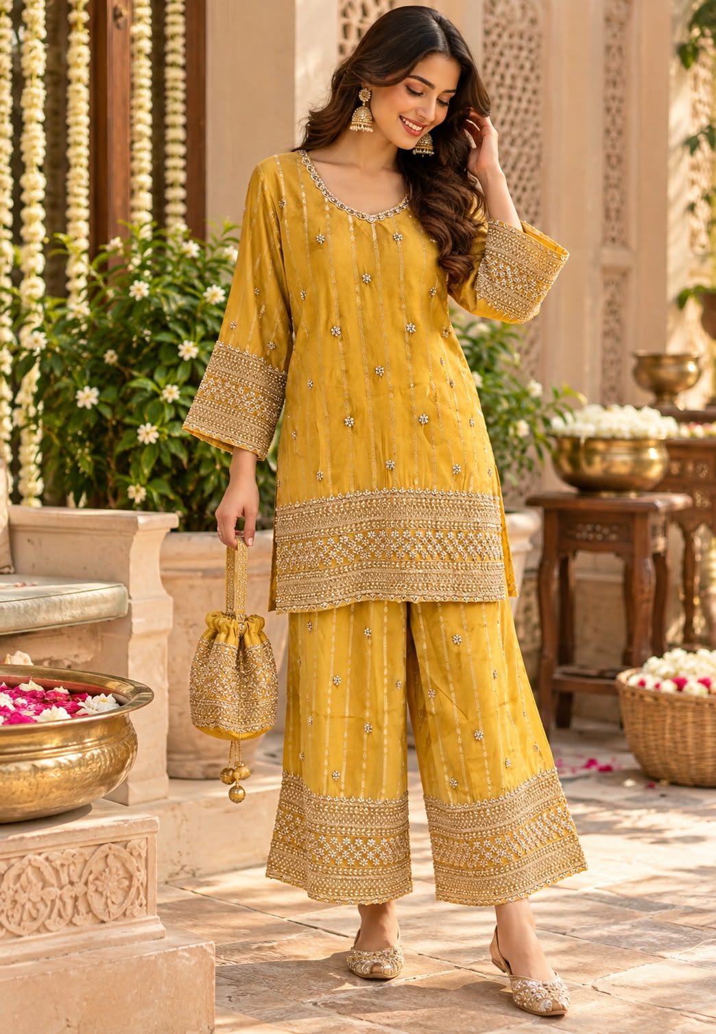 Mustard Yellow Hand-Embroidered Stripe Short Kurta Set with Heavy Zari Border Wide Palazzos & Matching Potli Bag- 16861