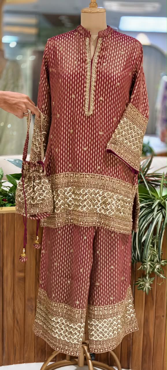 Crimson Sage Abstract Printed Short Kurta Set with Heavy Circle Lace Embroidered Borders & Flared Palazzo Pants-