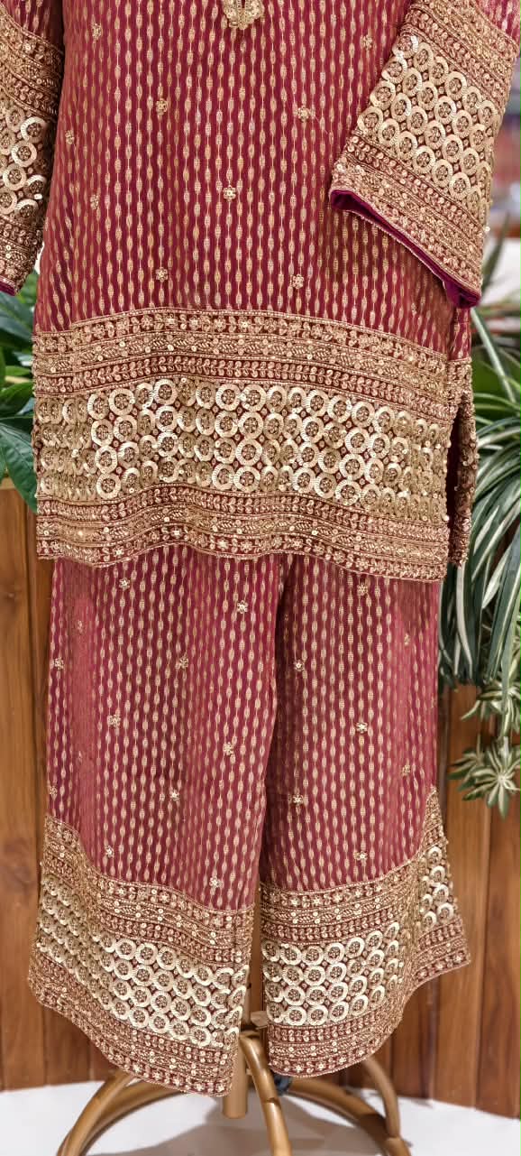 Crimson Sage Abstract Printed Short Kurta Set with Heavy Circle Lace Embroidered Borders & Flared Palazzo Pants-
