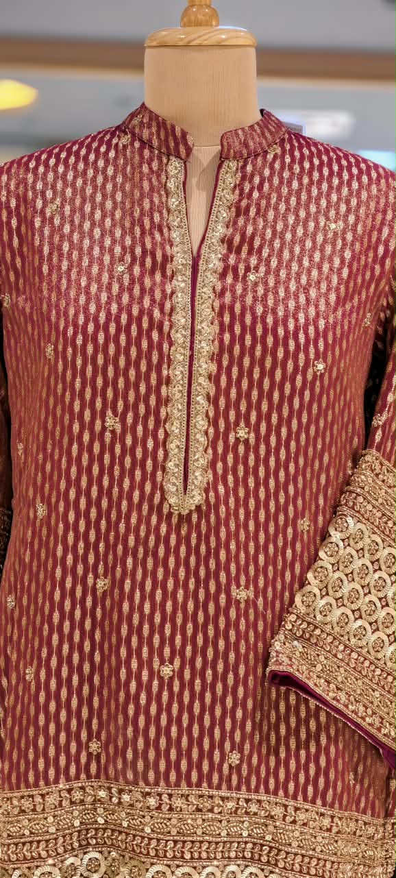 Crimson Sage Abstract Printed Short Kurta Set with Heavy Circle Lace Embroidered Borders & Flared Palazzo Pants-