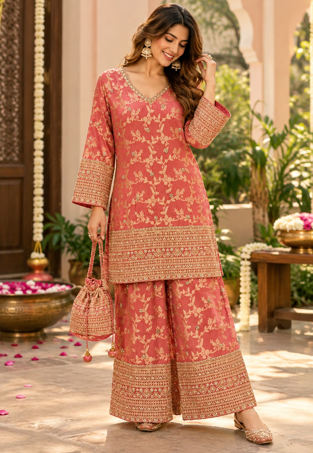 Dusty Rose Coral Pink Floral Printed Kurta Set with Zari & Sequins Embroidered Hemline, Palazzo Pants & Potli Bag- 16862