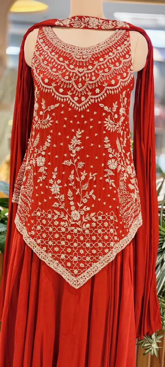 Hand-Embroidered Asymmetric Scalloped Kurta with Flared Palazzo Bottom & Chowker Dupatta Set- 16819