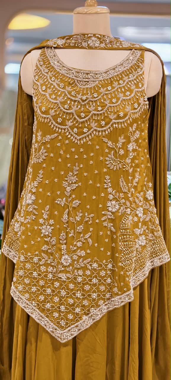 Hand-Embroidered Asymmetric Scalloped Kurta with Flared Palazzo Bottom & Chowker Dupatta Set- 16819