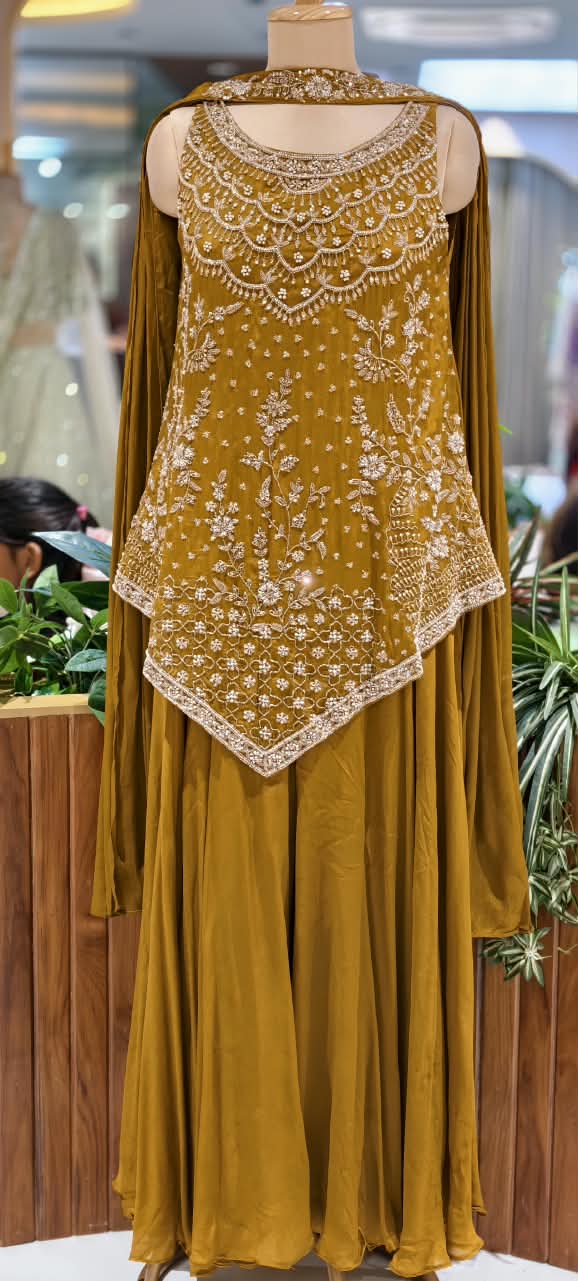 Hand-Embroidered Asymmetric Scalloped Kurta with Flared Palazzo Bottom & Chowker Dupatta Set- 16819