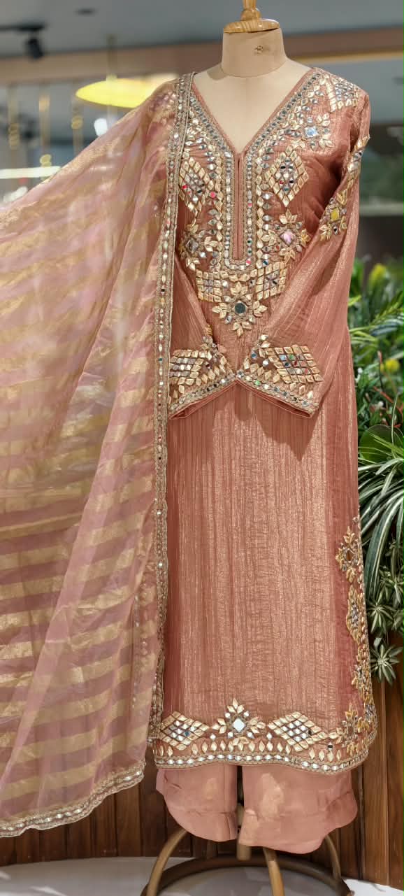Heavy Premium Tissue Real Mirror Hand Embroidery Heavy Party Wear Full Suit Set With Striped Dupatta- 16867
