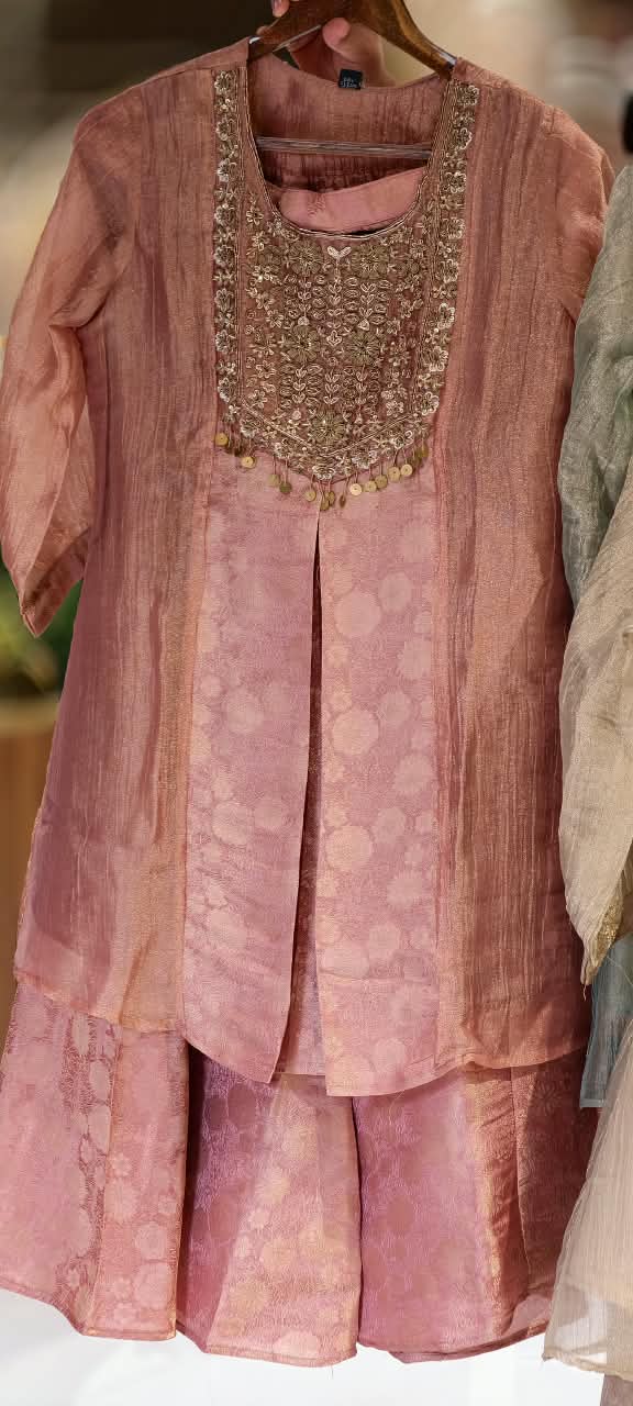 Elegant Zardosi Yoke Part Embridery Front Slitted Tissue With Brocade Touch Kurta & Palazzo Bottom Set- 16885