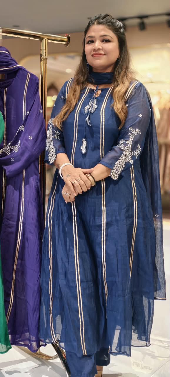 Gotta Patti Linear Panels Dangled Neckline A-Line Full Suit Set With Dupatta- 16886
