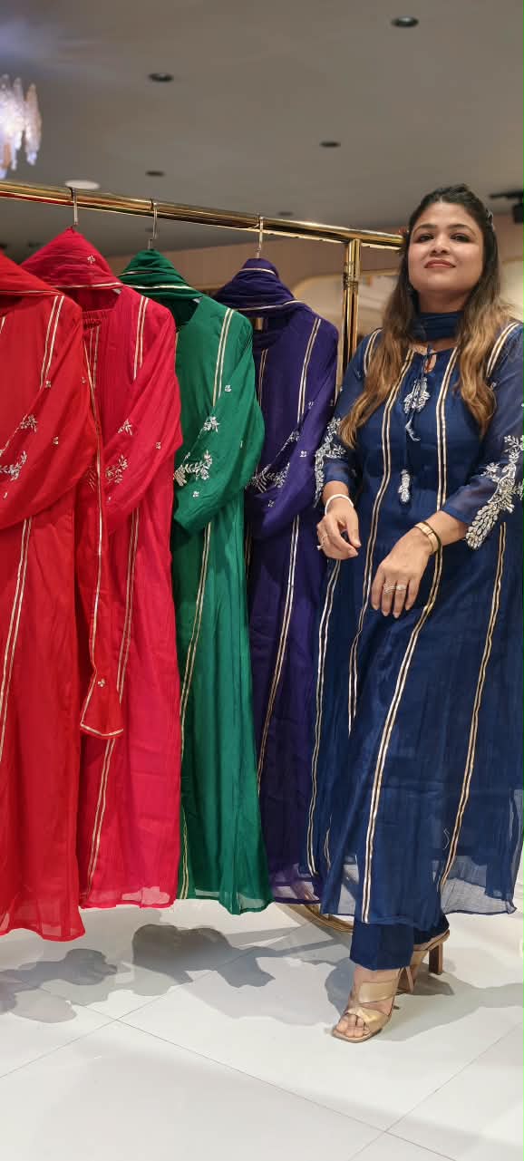 Gotta Patti Linear Panels Dangled Neckline A-Line Full Suit Set With Dupatta- 16886