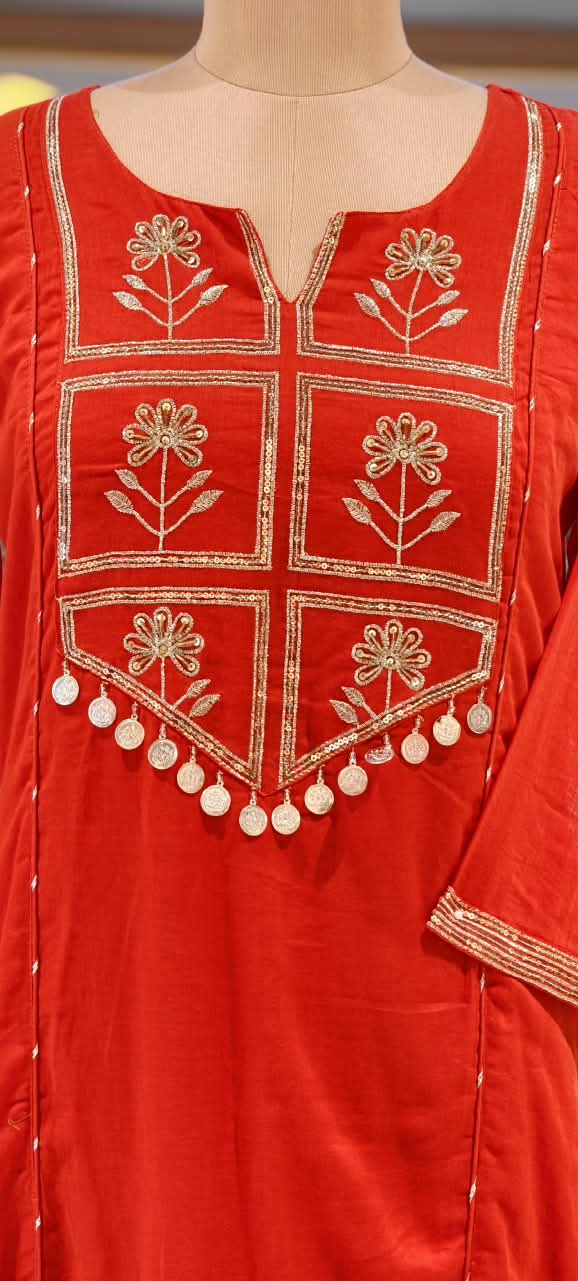 Sequence Block Floral Embroidery With Coin Tassels Yoke Mul Cotton Full Suit Set With Dupatta- 16817