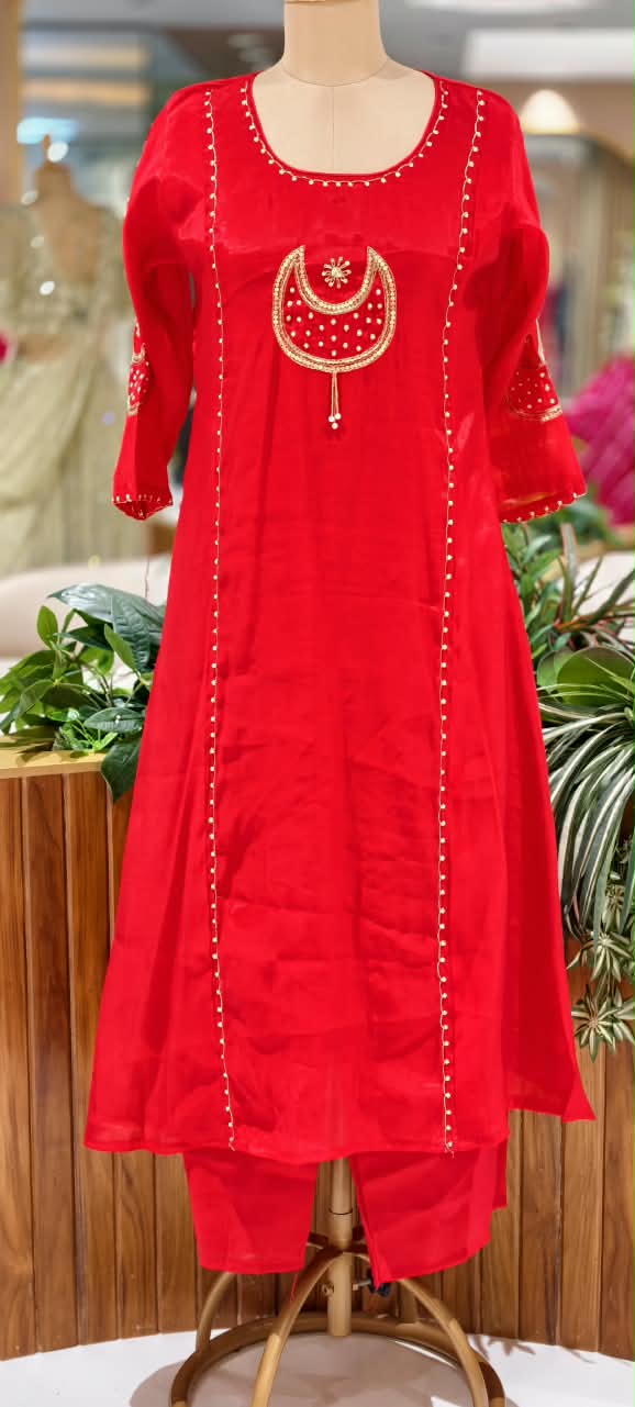 Half Phased Moon Sequin Embroidery Reddish Glow A-Line Full Suit Set With Dupatta- 16758