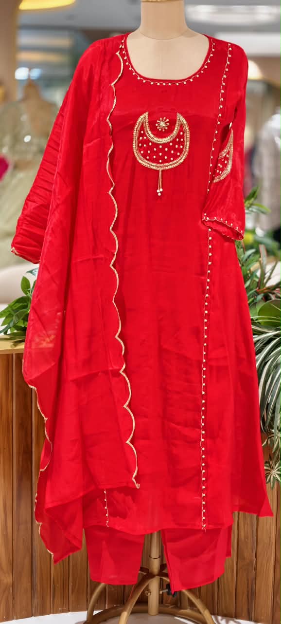Half Phased Moon Sequin Embroidery Reddish Glow A-Line Full Suit Set With Dupatta- 16758