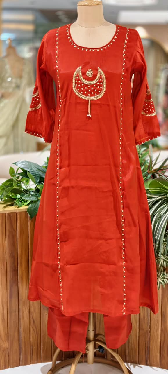 Half Phased Moon Sequin Embroidery Reddish Glow A-Line Full Suit Set With Dupatta- 16758
