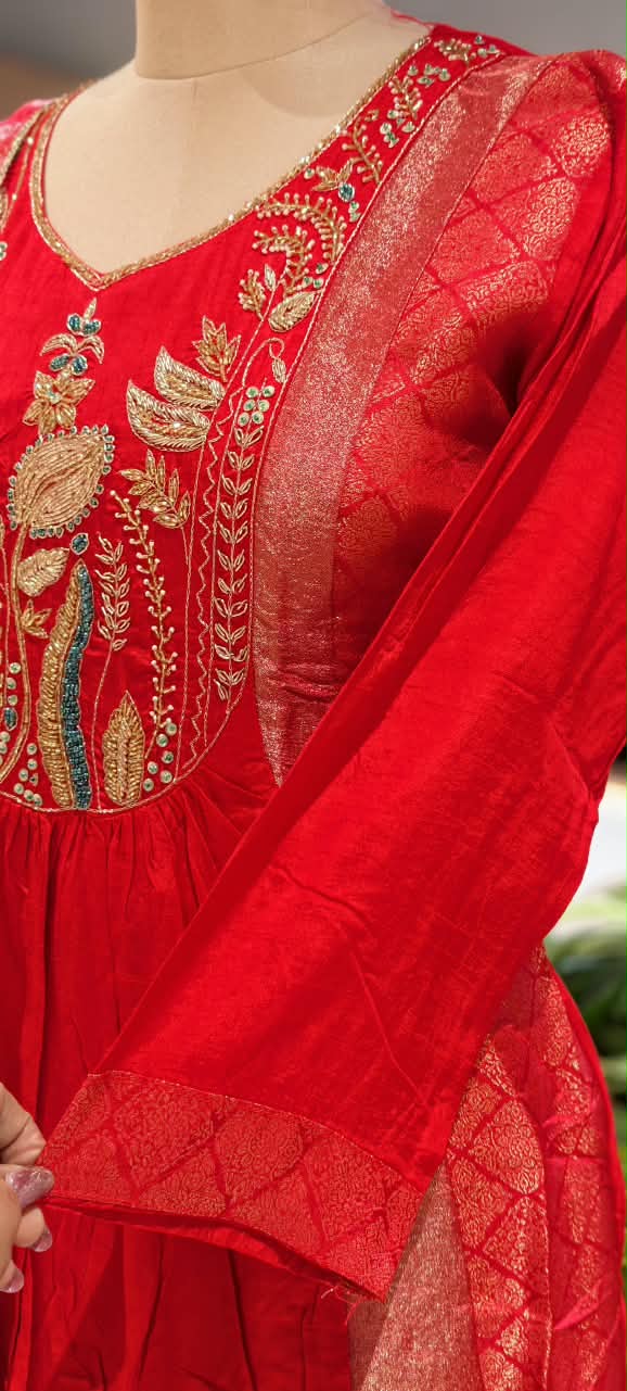 Banarasi Style Aline Tissue Pannel Embroidered Yoke Party Anarkali Full Suit Set With Dupatta- 16664