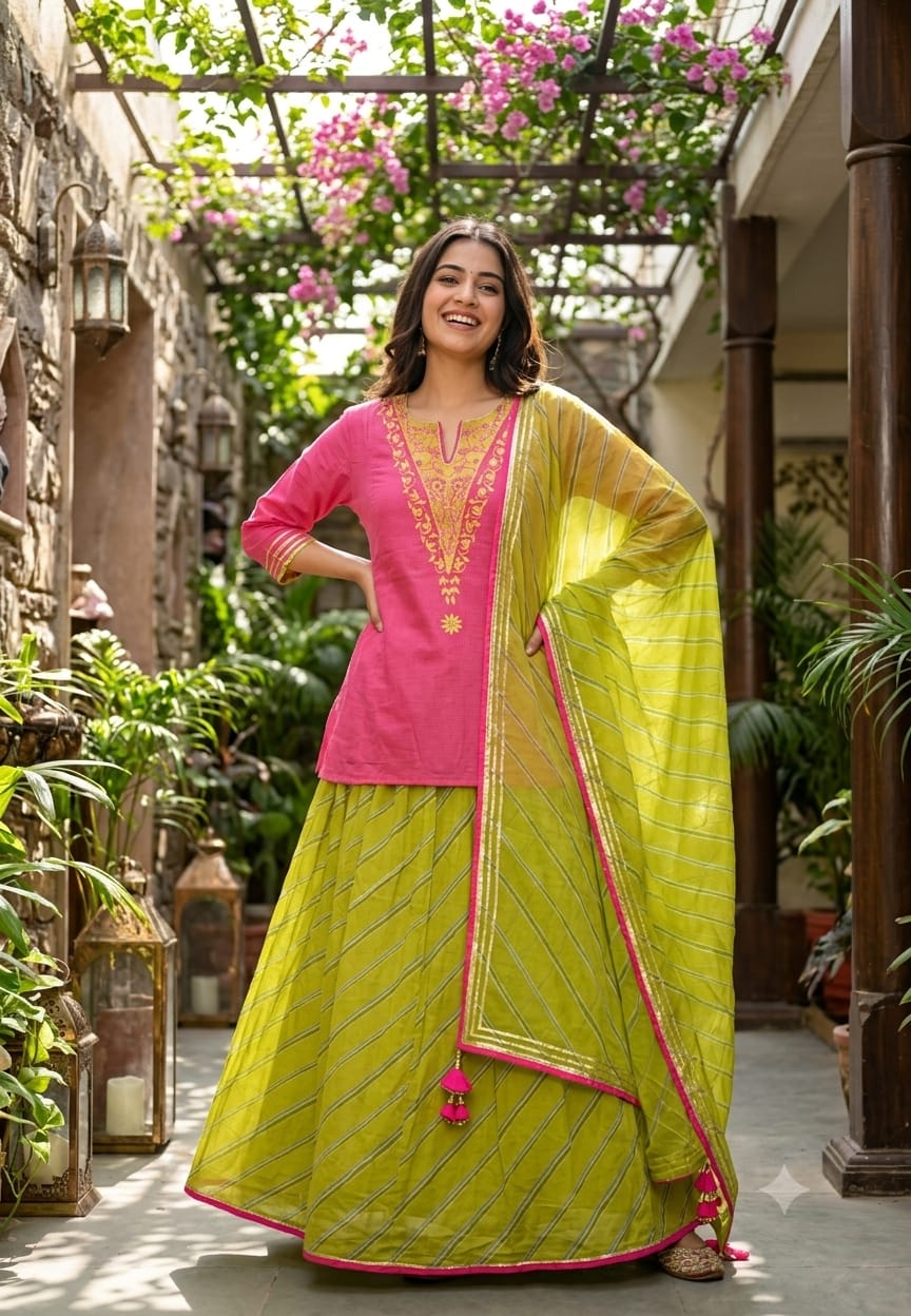 Neon Shade Embroidered V-Yoke Short Length Kurta With Leheriya Skirt Bottom & Matching Dupatta- 16952