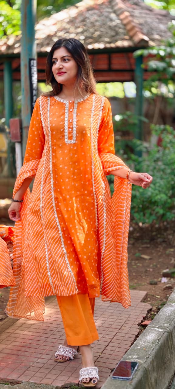 Kota Doria Vibrant Orange Bandhej Print Golden Lace Trimmed Highlights A-Line Full Suit Set With Dupatta- 16951