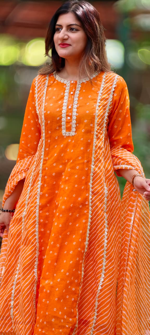 Kota Doria Vibrant Orange Bandhej Print Golden Lace Trimmed Highlights A-Line Full Suit Set With Dupatta- 16951