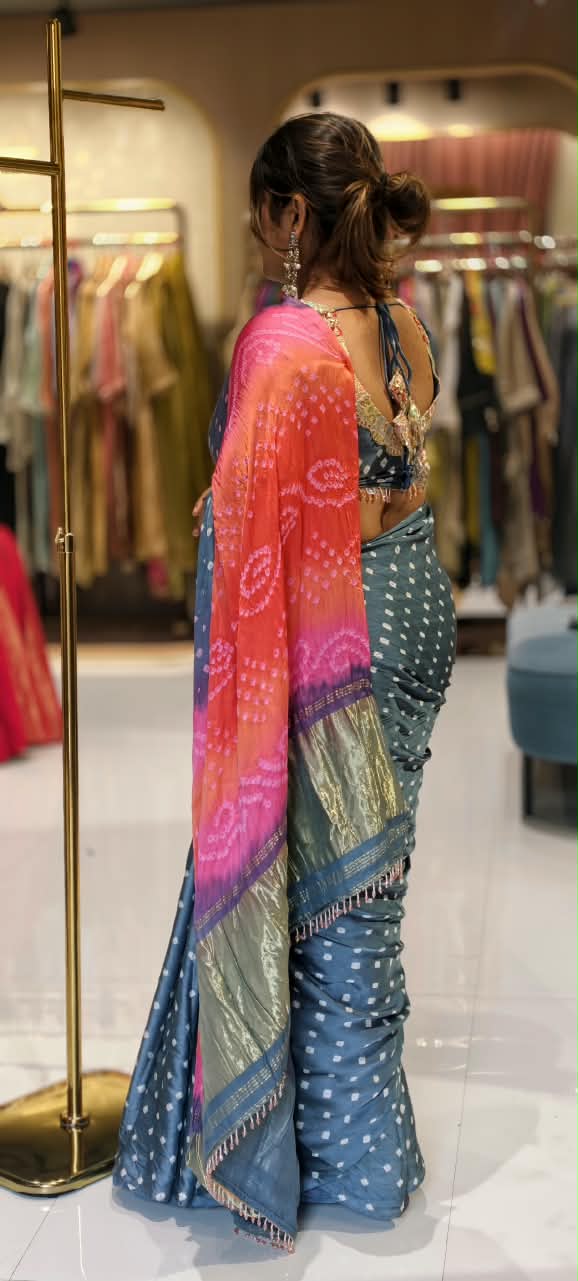 Vibrant Bandhani Print Mural Satin Saree with Unstitched Blouse Piece 16650