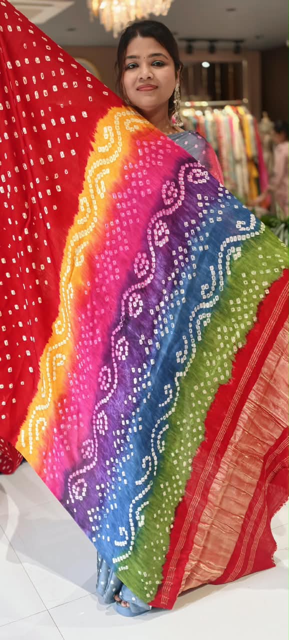 Vibrant Bandhani Print Mural Satin Saree with Unstitched Blouse Piece 16650