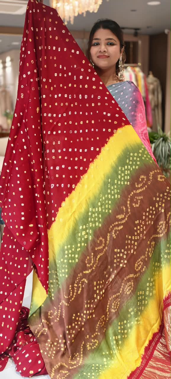 Vibrant Bandhani Print Mural Satin Saree with Unstitched Blouse Piece 16650