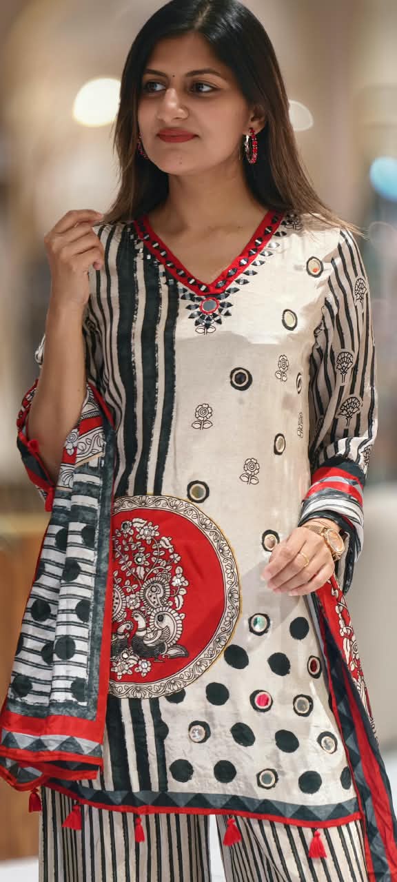 Pure Crepe Black White Inspired Tassel Accent Short Length Kurta Full Suit Set With Dupatta- 16900