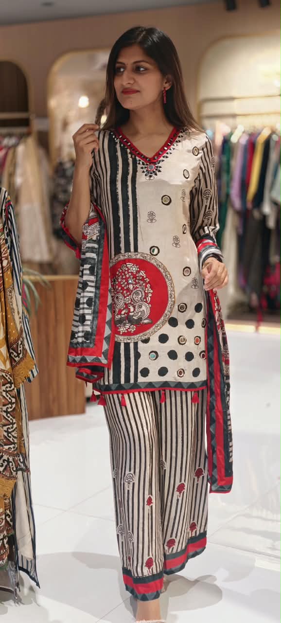 Pure Crepe Black White Inspired Tassel Accent Short Length Kurta Full Suit Set With Dupatta- 16900