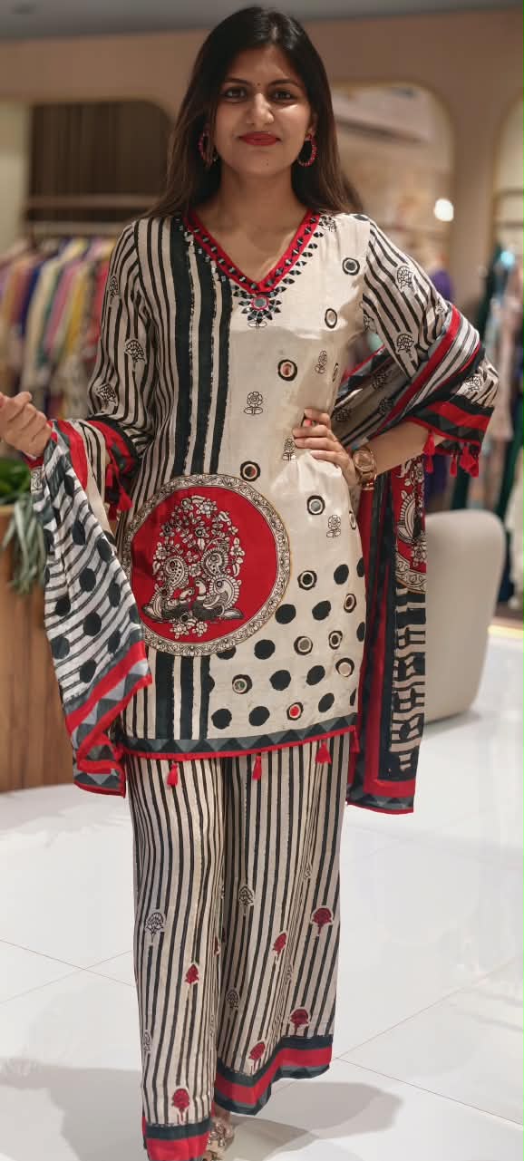Pure Crepe Black White Inspired Tassel Accent Short Length Kurta Full Suit Set With Dupatta- 16900