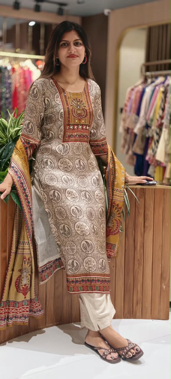 Beige Printed Art Embellished Yoke Crepe Full Suit Set With Dupatta- 16737