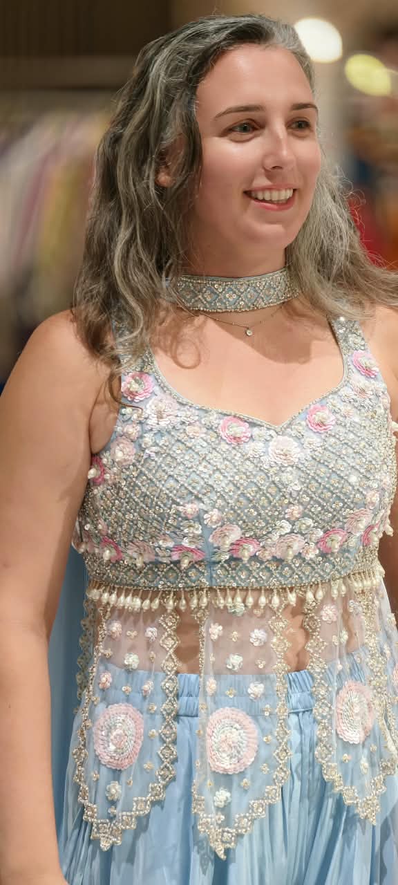 Aqua Ethereal Glow Pearl Luxe Hand Embroidered Fringe Crop-Top With Flared Palazzo Bottom & Chowker Dupatta- 15408