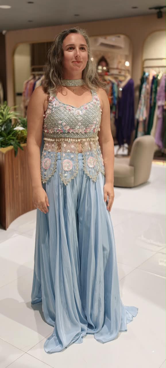 Aqua Ethereal Glow Pearl Luxe Hand Embroidered Fringe Crop-Top With Flared Palazzo Bottom & Chowker Dupatta- 15408