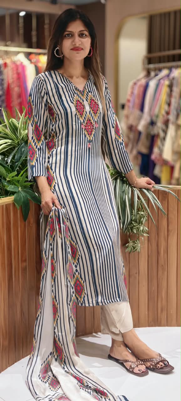Bohemian Look Blue/White Striped Print Crepe Full Suit Set With Dupatta- 16723