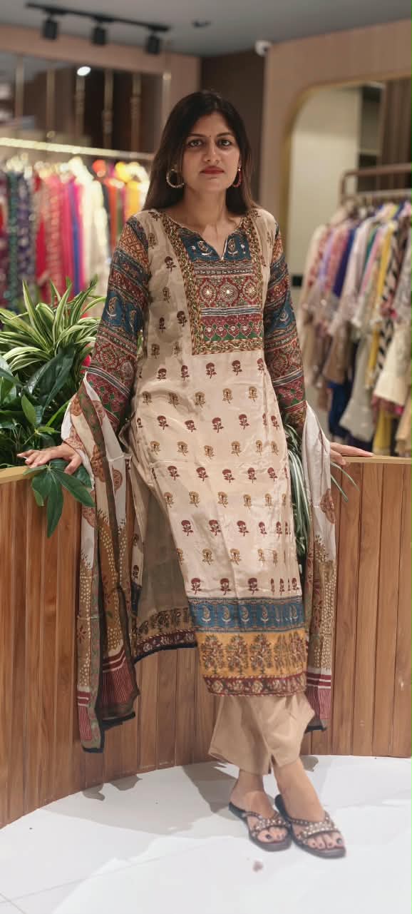 Premium Printed Crepe Ethnic Border & Embellished Neckline Full Suit Set-16780