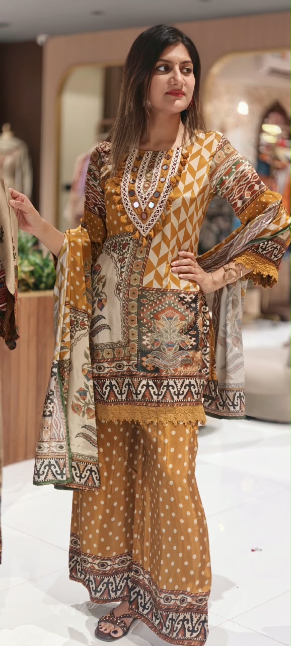 Boho Yoke With Ethnic Print Short Length Kurta Full Suit Set With Dupatta In Crepe Fabric- 16902