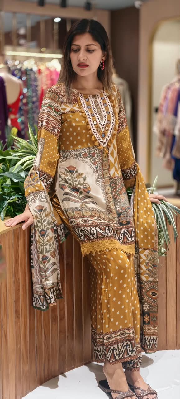 Boho Yoke With Ethnic Print Short Length Kurta Full Suit Set With Dupatta In Crepe Fabric- 16902