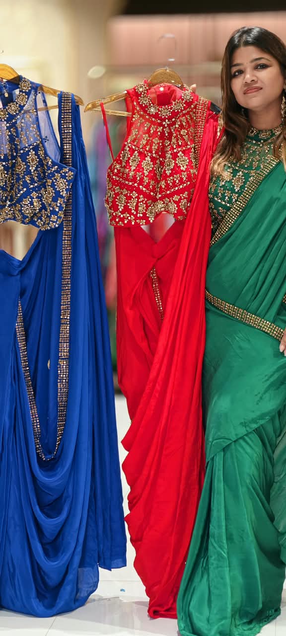Royal Glam Pre-Draped Saree with Beaded Hand Embellished Blouse In Vibrant Tone- 16973
