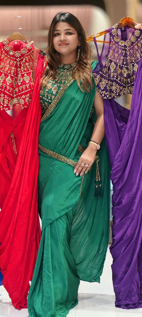 Royal Glam Pre-Draped Saree with Beaded Hand Embellished Blouse In Vibrant Tone- 16973