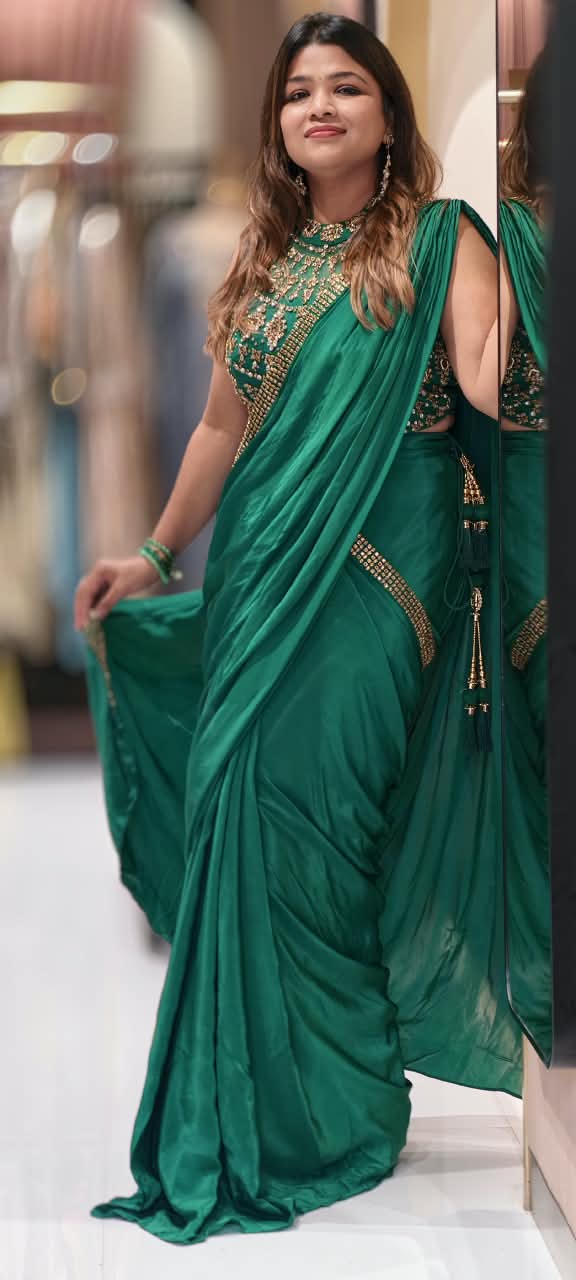 Royal Glam Pre-Draped Saree with Beaded Hand Embellished Blouse In Vibrant Tone- 16973