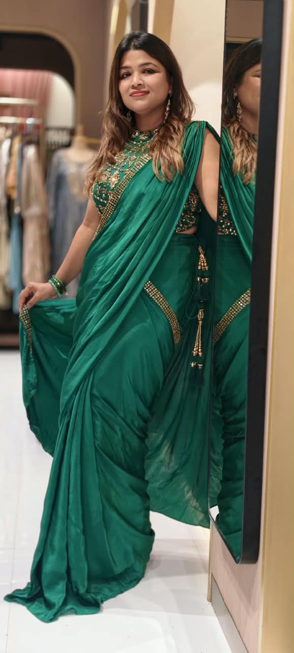 Royal Glam Pre-Draped Saree with Beaded Hand Embellished Blouse In Vibrant Tone- 16973