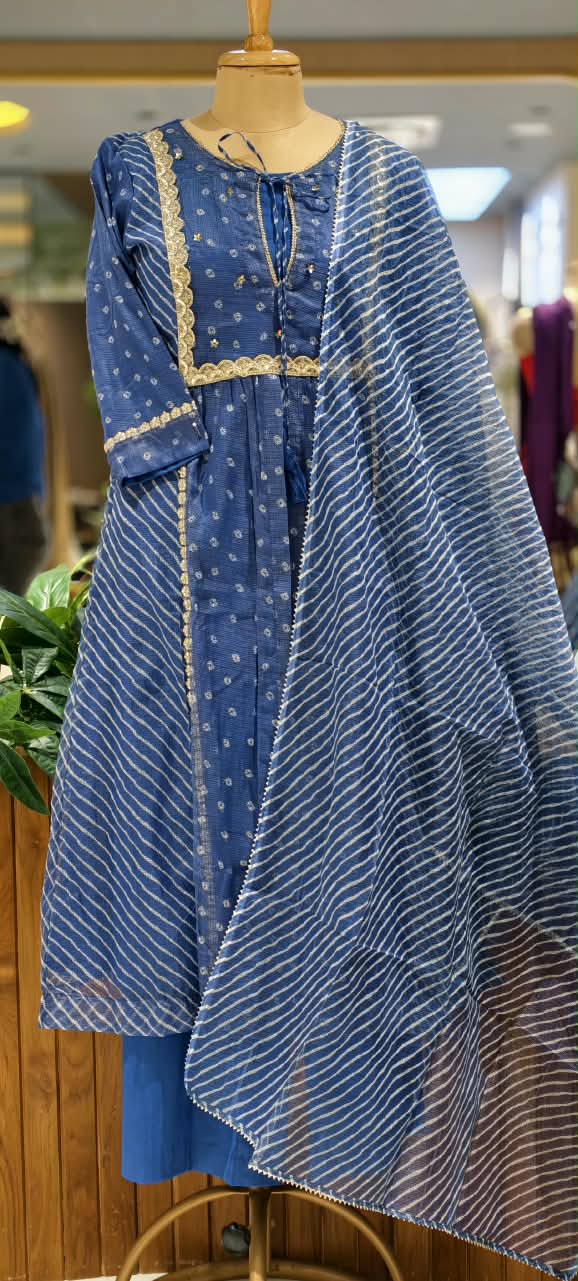 Dusty Blue Rich Golden Embroidery Highlights Kota Doria Bandhani Dots A-Line Full Suit Set With Dupatta- 15986