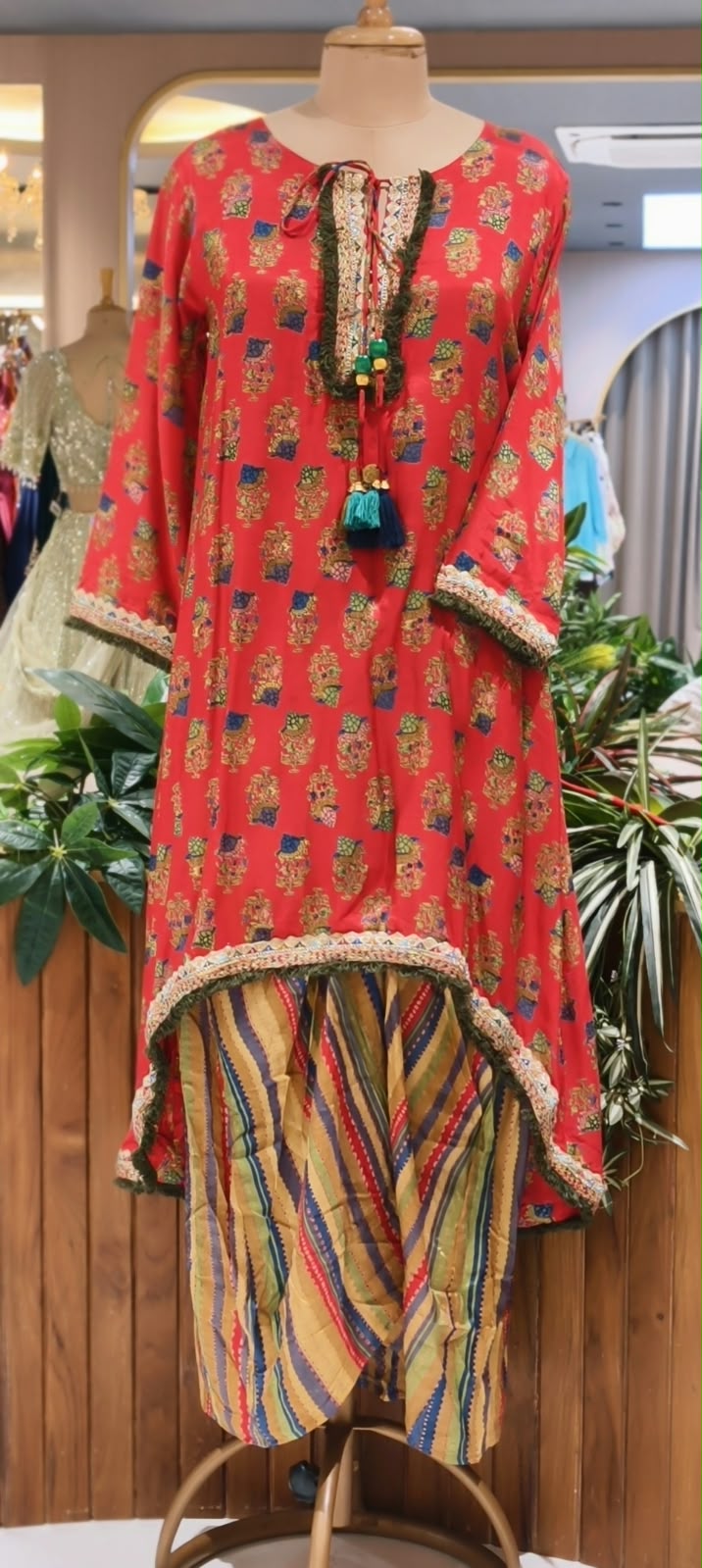 Boho Crimson Indowestern Wear High-Low Printed Kurta With Flared Bottom- 16878