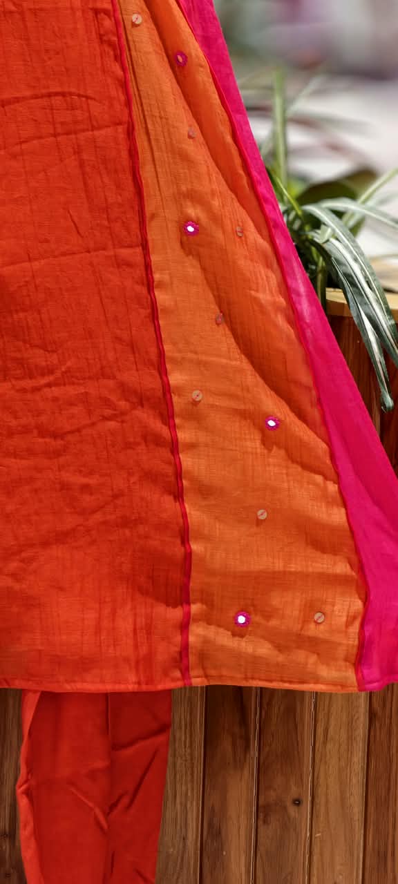 Pure Banarasi Mul-Chanderi Side Panels A-Line Orangish Full Suit Set With Dupatta- 16890
