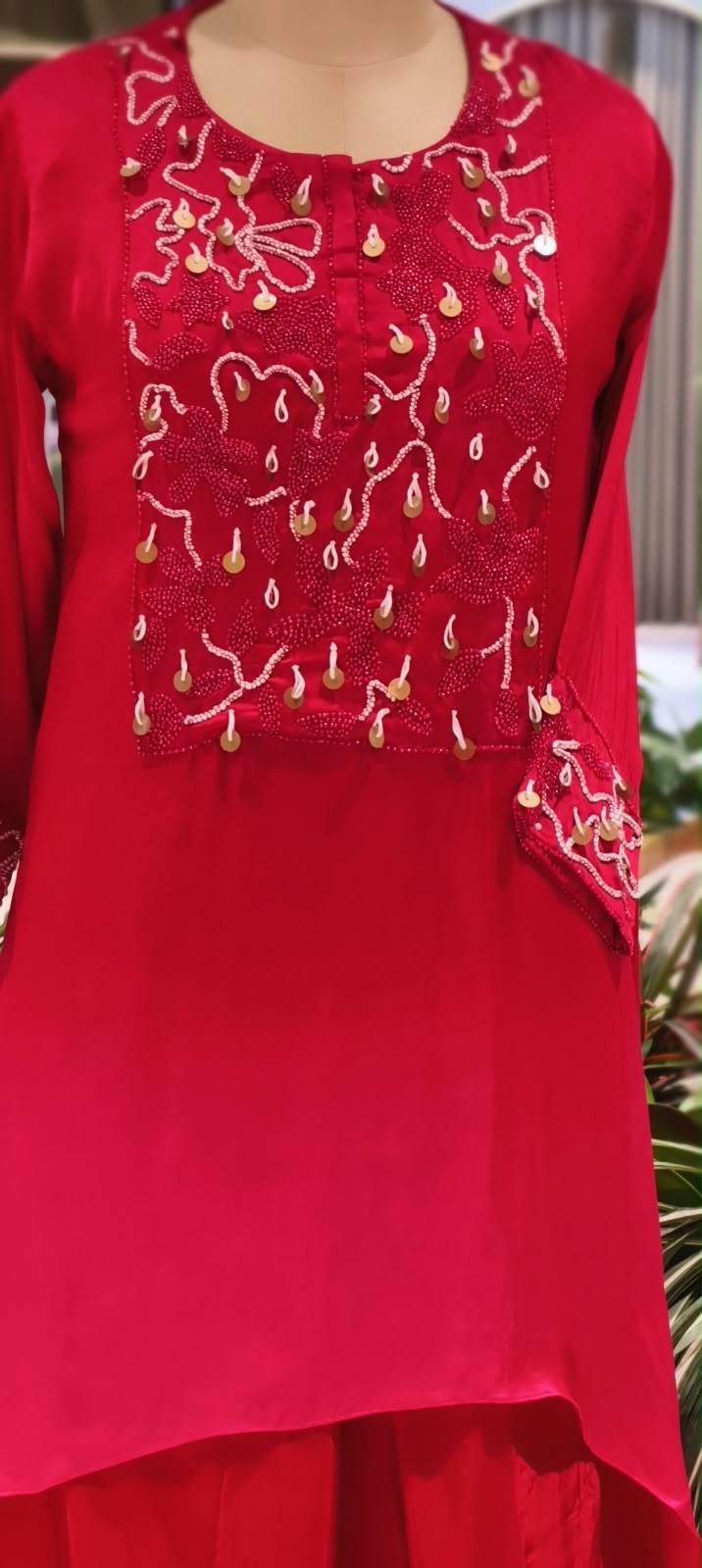 Cut-Dana Sequence Taselled Rich Yoke Flowy Crepe High-Low Matching Indo Co-Ord Set- 16931