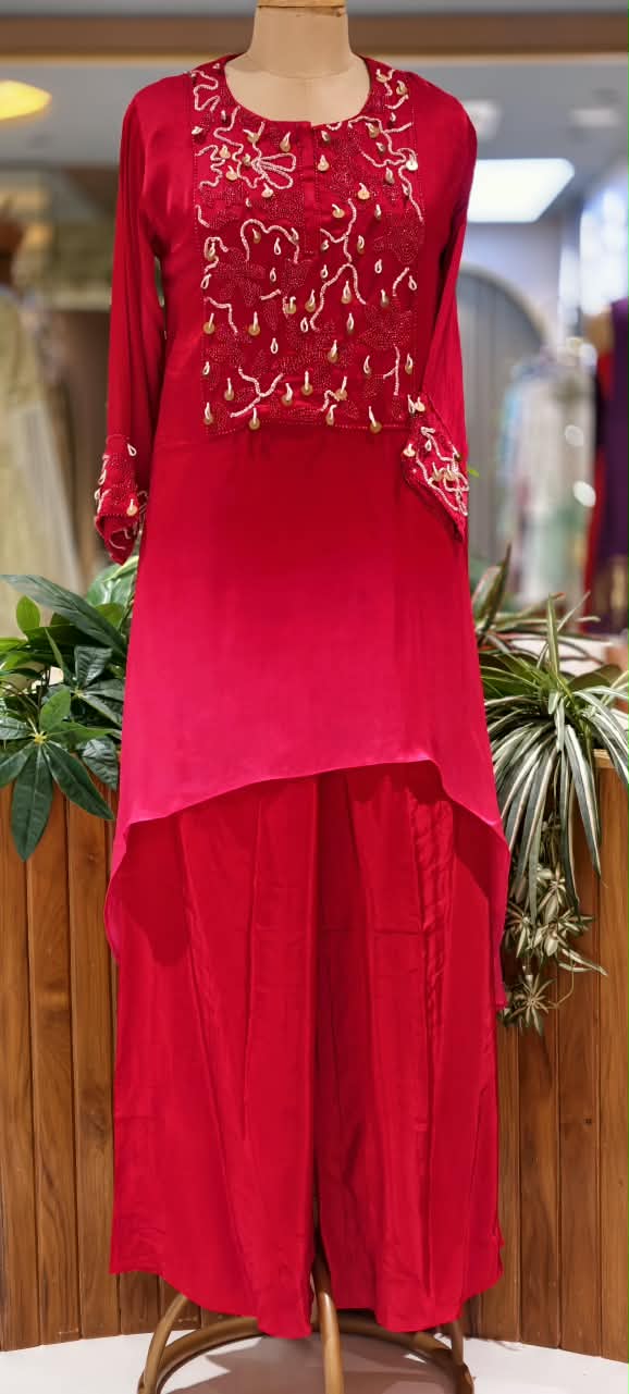 Cut-Dana Sequence Taselled Rich Yoke Flowy Crepe High-Low Matching Indo Co-Ord Set- 16931