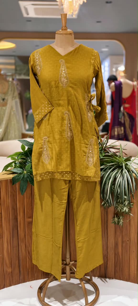Pyramid Mango Buti Embroidered Overlay Side Knotted Kurta With Matching Bottom Set- 16937