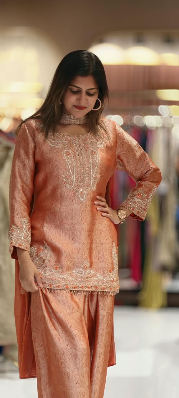Weavin Banarasi Kurta With Farshi Bottom Set with Intricate Zari Embroidery & Elegant Paisley Border Work- 16963