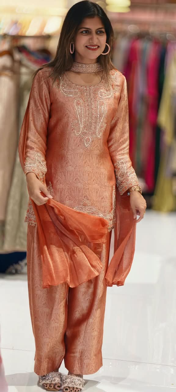 Weavin Banarasi Kurta With Farshi Bottom Set with Intricate Zari Embroidery & Elegant Paisley Border Work- 16963