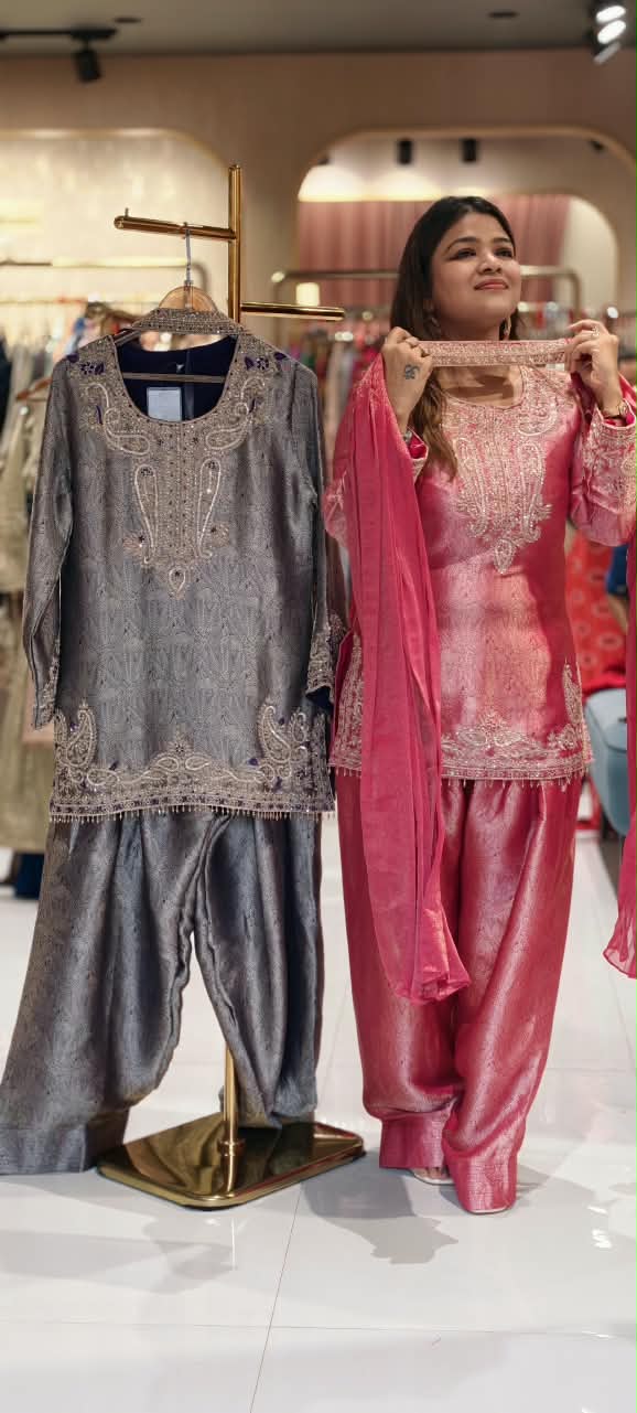 Weavin Banarasi Kurta With Farshi Bottom Set with Intricate Zari Embroidery & Elegant Paisley Border Work- 16963