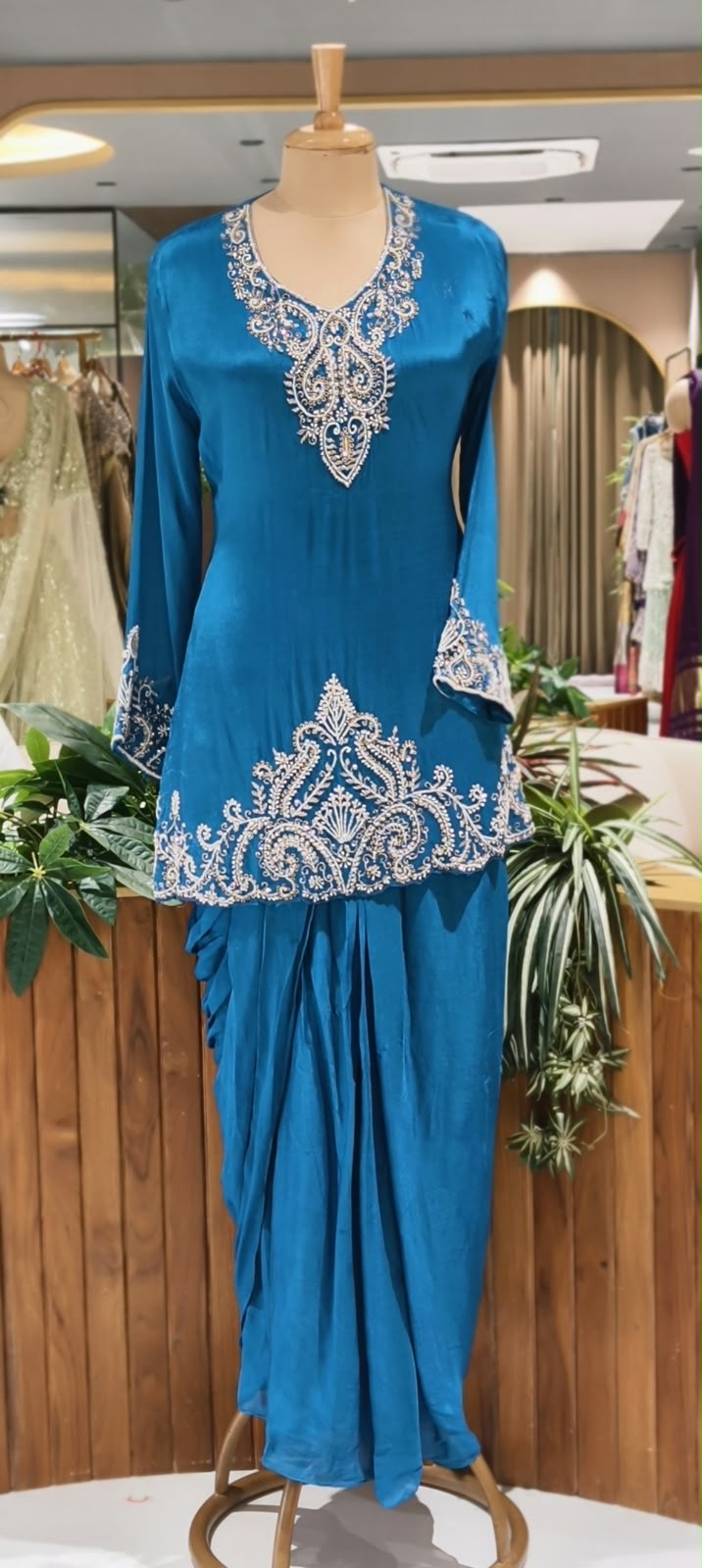 Premium Teal Blue & Emerald Green Embroidered Drape Co-Ord Saree Set with V-Neck Kurti and Intricate Silver Zari Work- 16961