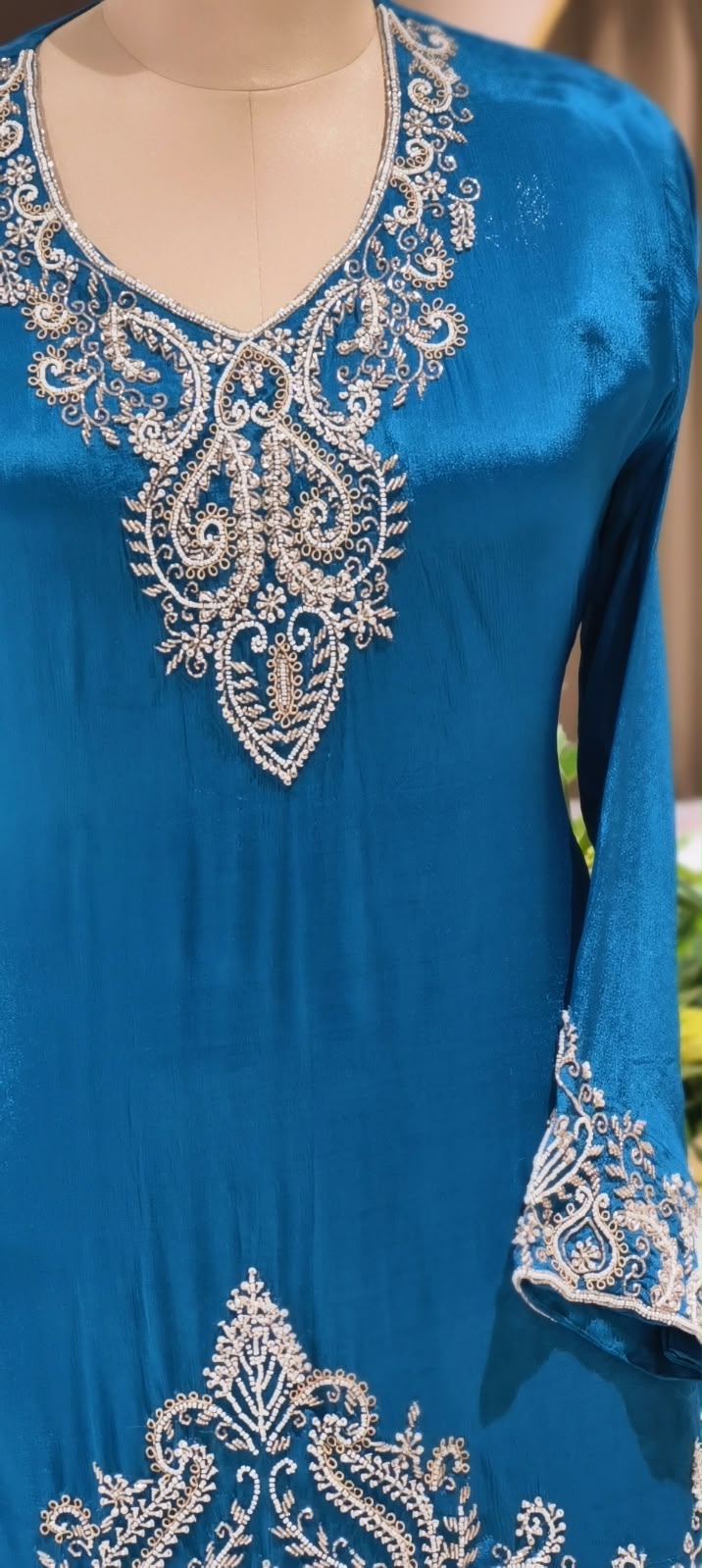 Premium Teal Blue & Emerald Green Embroidered Drape Co-Ord Saree Set with V-Neck Kurti and Intricate Silver Zari Work- 16961