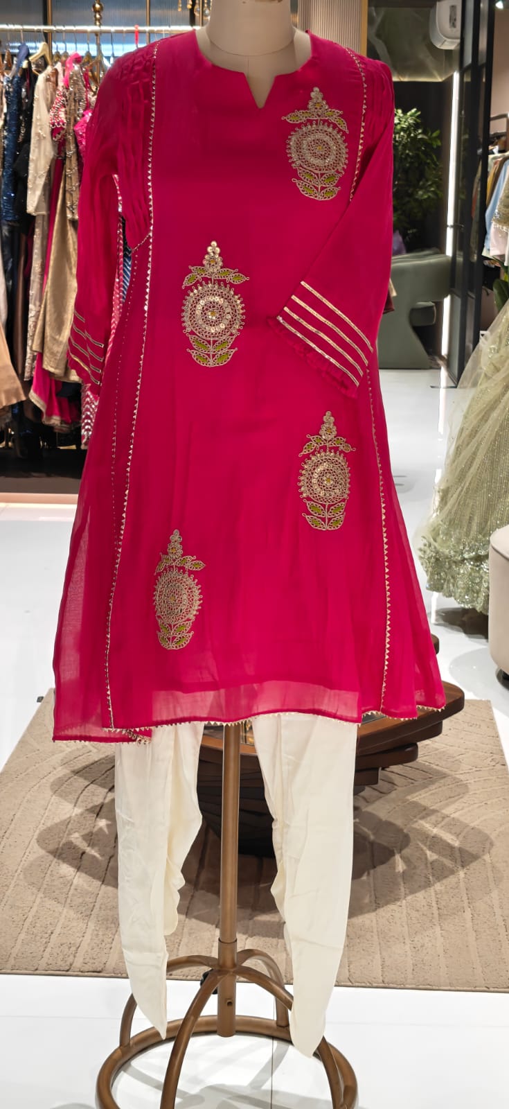 Pure Mulchanderi Scattered Embroidered A-line Short Length Kurta with Tulip Bottom- 16930