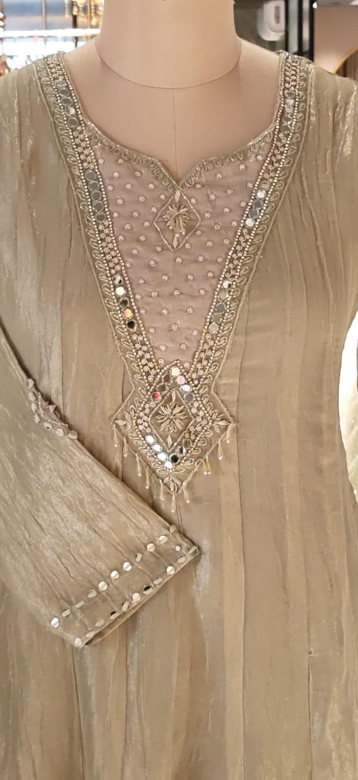 Elegant Olive Gold Crush Tissue Panel Anarkali Mirror Work, Embellished V-Neckline Full Suit Set- 16840